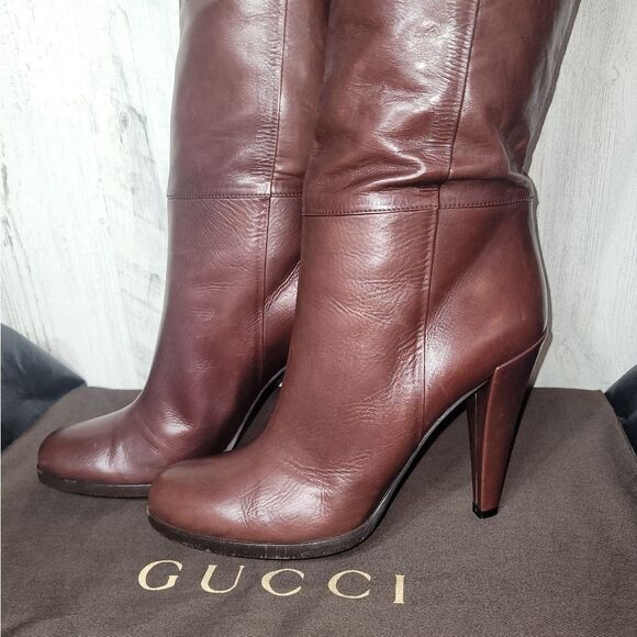 Authentic Gucci Elizabeth Brown Leather Knee Mid Calf Boots EUC STUNNING - Picture 6 of 11